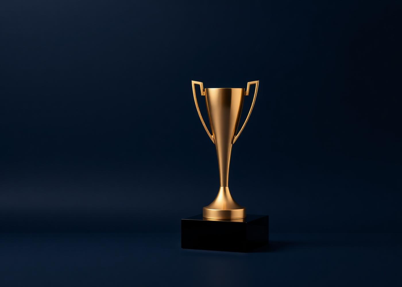 Gold award trophy on a dark navy background