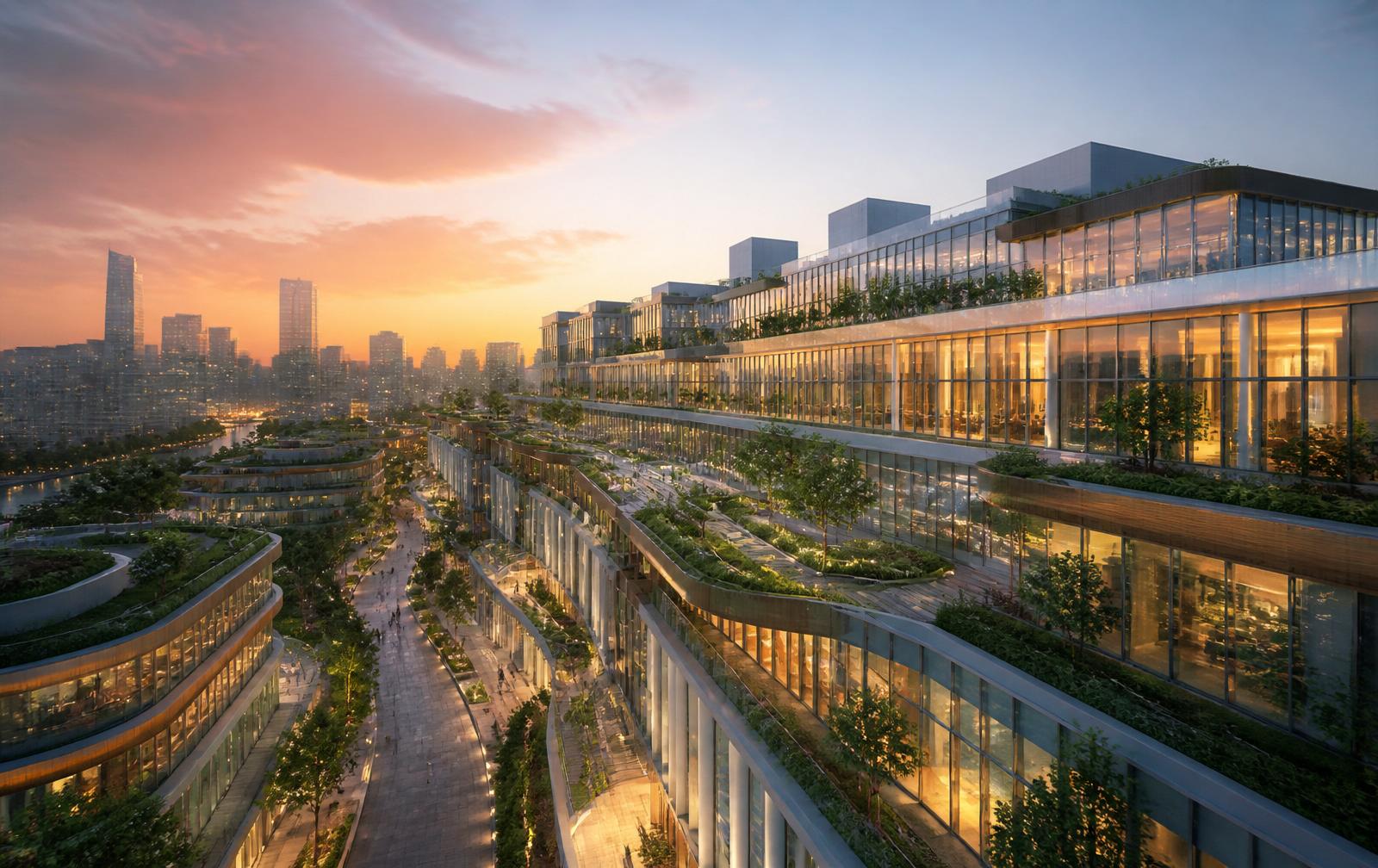 Contemporary sustainable mixed-use urban development at dusk